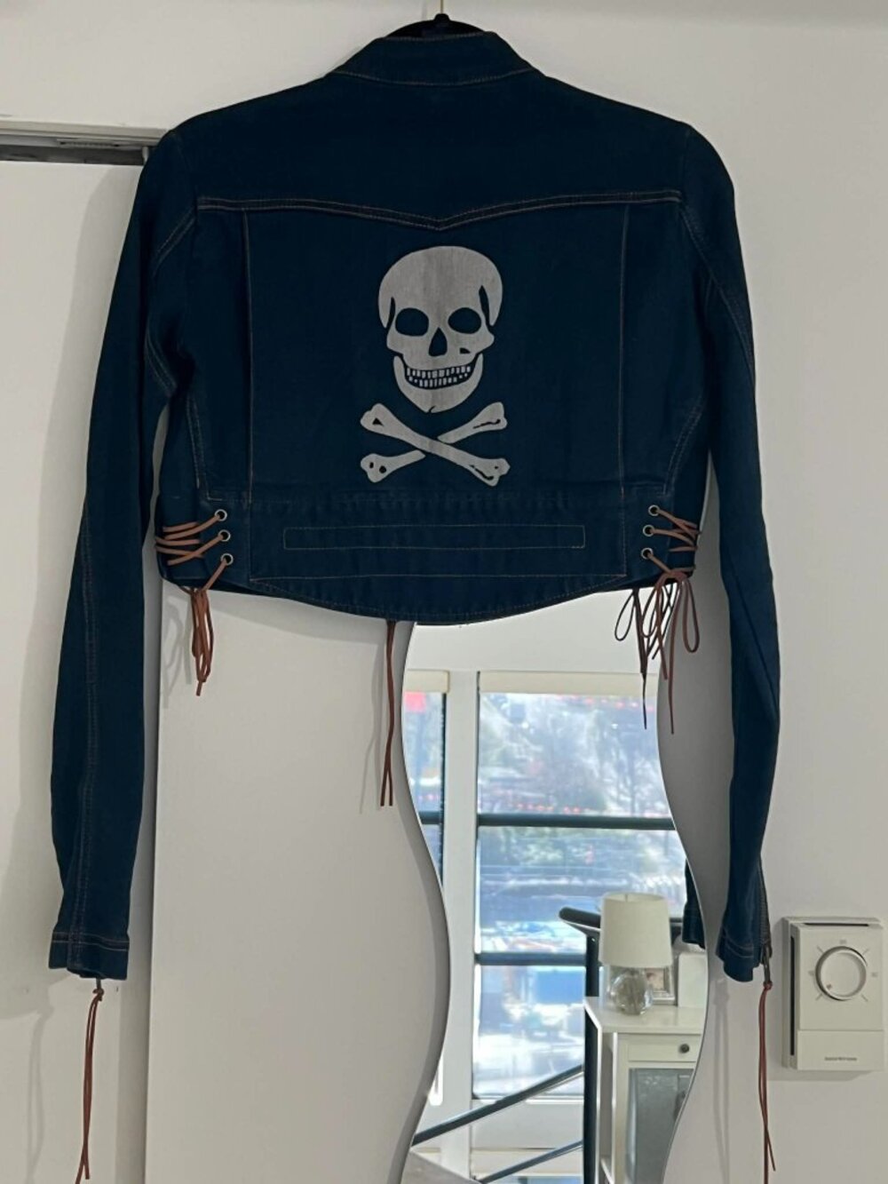 Vintage Betsey Johnson Cropped Dark Denim Skull Jacket with Lace-Up Sides Size 6